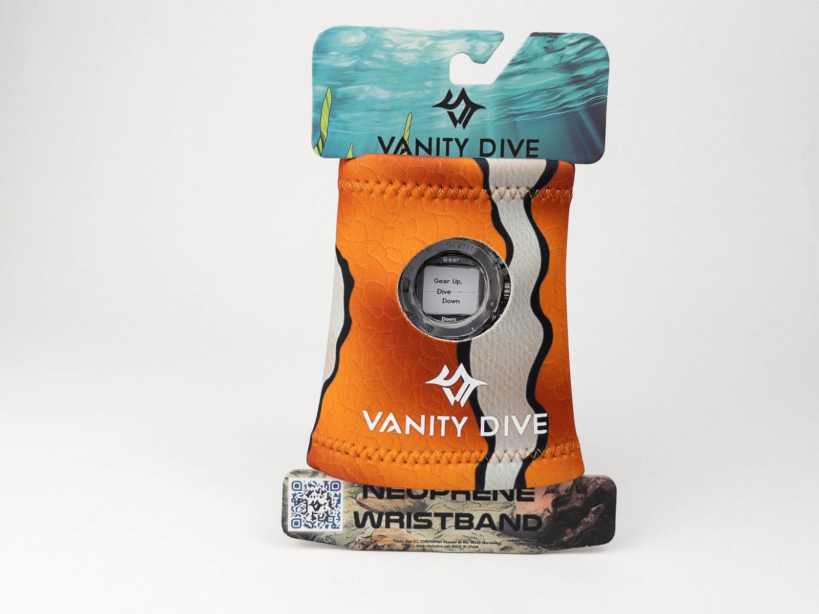 Imagen del packaging con la Neoprene Wristband Clownfish, vista delantera