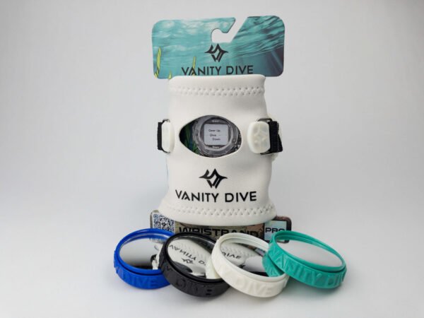Imagen del packaging con la Neoprene Wristband White Pro vista delantera con accesorios personalizar