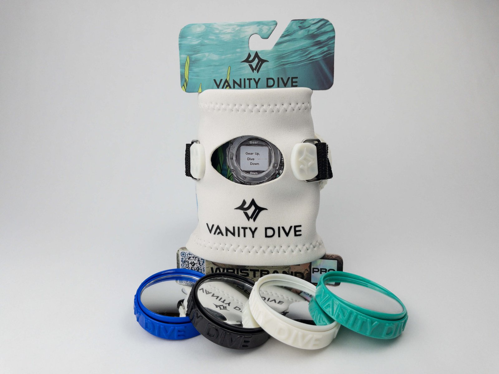 Imagen del packaging con la Neoprene Wristband White Pro vista delantera con accesorios personalizar